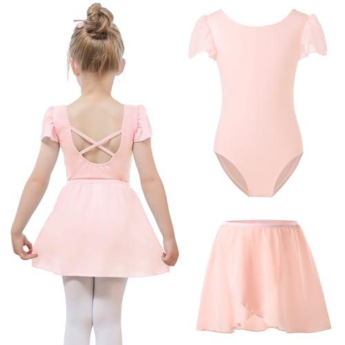 Bezioner Body Danza Classica Bambina con Gonna Rimovibile Vestito da Balletto Gonnellino Danza Manica a Sbuffo Rosa 140 (10-12 anni,140-150 cm)