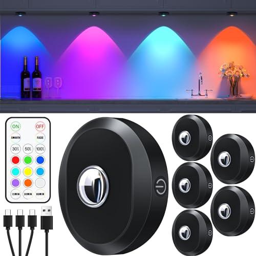 WILLED RGB Luce Led Vetrina Ricaricabile, Luci Armadio con Telecomando, Multicolore, Funzione Temporizzazione, Luce Armadio LED per Sotto Armadi e Armadio (confezione da 6)