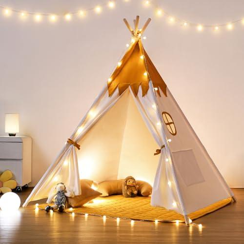besrey Tenda per Bambini da Gioco in Tela Indiana Teepee in Cotone con Tappetino Imbottito e Luci Fatate (Giallo Pulcino)