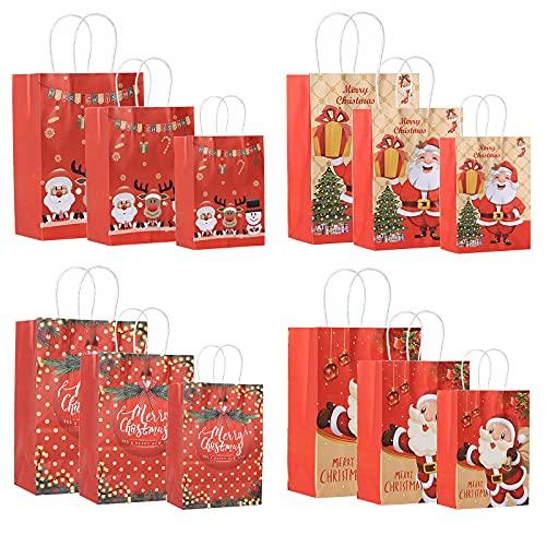 12 Pezzi Natale Sacchetti Regalo di Carta Kraft, Regali Natale Sacchetti Carta con Manici, Buste Regalo Sacchetti Caramelle Sacchetti Per Biscotti, Decorazioni per Confezioni Regalo (B)
