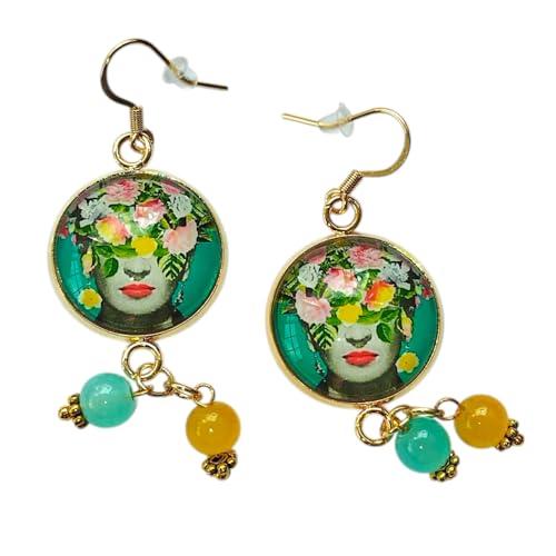 Orecchini Dipinti Con Pietre naturali Cabochon, Idea Originale per Regalo Natale,Fatto a Mano, Gioielli Donna (Frida Fiori Testa)