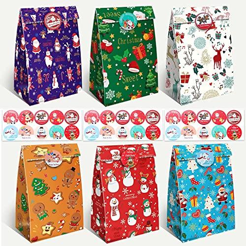 48 Pezzi Sacchetti regalo di Carta Natale, Colorati Kraft Sacchetti Regalo Carta Bambini Caramelle con 48 Adesivi per Natale, Bambini Feste di Compleanno, Scolastica, giveaways