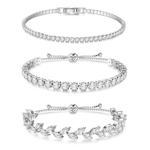 Dochais 3 Pezzi Set Tennis Bracciale Donna Argento Oro, Braccialetto Tennis Zirconi, Braccialetti Diamond, Bracciale Strass Donna per Donne Ragazze Regalo Gioielleria