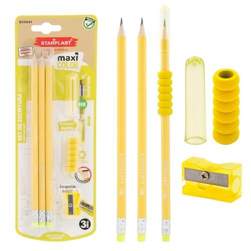 Starplast Set di 3 matite gialle con gomma HB, temperamatite antiscivolo e tappo protettivo - corpo 19 cm, forma esagonale, scuola, ufficio, insituto