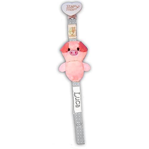 Zigozago - Catenella Portaciuccio con Motivo Maialino | Personalizzabile con Nome | Accessorio per neonati artigianale con Clip, Fatto a Mano, in tessuto, lunghezza 27 cm