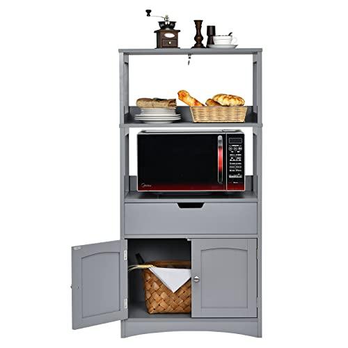 COSTWAY Armadietto del bagno con cassetto e mensola, armadio con 2 mensole aperte e 2 ante, armadietto per cucina, ingresso, salone e camera da letto, armadietto in legno (Grigio)