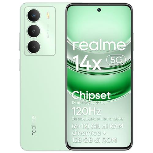 realme 14x 5G Smartphone (6+12)GB Dynamic RAM 128GB ROM, Display Eye Comfort 120Hz, Fotocamera da 50MP, Batteria da 5000mAh, Resistenza agli urti di livello militare,Octa-core,Verde (senza adattatore)