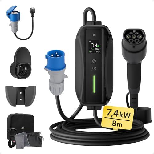 dé Cavo Ricarica Auto Elettrica Tipo 2 CEE 7,4kW [Monofase| 8m| 6-32A] Caricatore Auto Elettrica Tipo 2 con Adattatore Schuko, con LCD Controllo Digitale Compatibile con Model Y/3 e Altri EV/PHEV