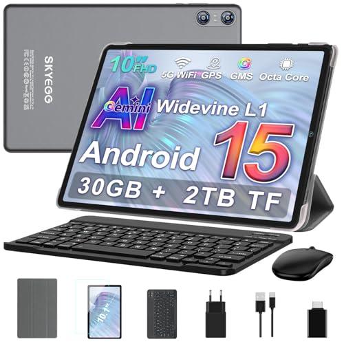 SKYEGG Tablet 10 Pollici Android 15 con Gemini AI, 30GB RAM + Espandibile 2TB ROM, Octa-Core, Widevine L1, WiFi 5G, BT5.0, Fotocamere 8MP/5MP, 6000mAh, con Tastiera, Mouse e Custodia – Grigio