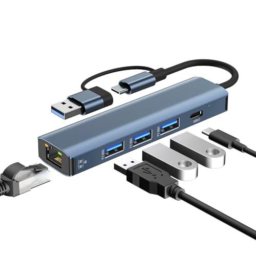 Loydia Adattatore di Rete USB 3.0 Tipo C a Gigabit Ethernet RJ45 LAN, 5 in 1 usbc rj45 adattatore Internet Ethernet con 3x USB 3.0, hub usb 3.0 LAN Network Adapter per Win 11/10/ 8, Mac OS, Linux