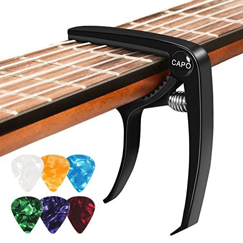 Capotasto Chitarra Acustica, con 6 Plettri Chitarra, Capotasto per Classica Chitarra Elettrica Ukulele Bass Violino Alloy Nero