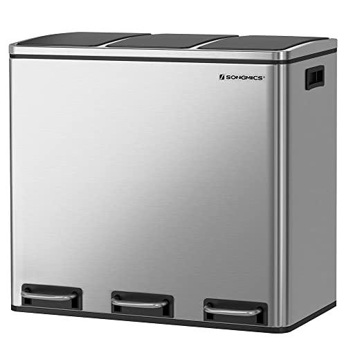 SONGMICS Pattumiera per Raccolta Differenziata a Triplo Secchio, 3 x 18L, Cestino della Spazzatura a Pedale, con 3 Scomparti, Chiusura Morbida, Manici di Plastica, Argento LTB54NL