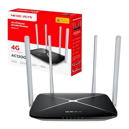 Mercusys MB135-4G Router WiFi con Sim, 4G LTE Cat4 AC1200Mbps, 4 Antenne Ad Alto Guadagno, 1 Porta LAN/WAN + 3 Porte LAN, OpenVPN, PPTP Server, WAN Backup, Parental/LED Control, SMS, APP, Plug & Play