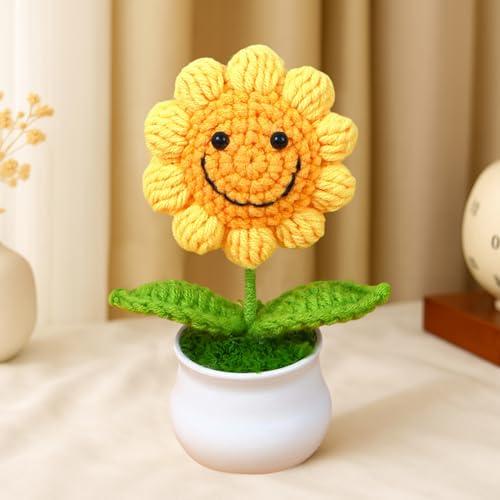 Piante in vaso all'uncinetto, mini decorazione lavorata a maglia per casa/ufficio/regali, decorazione da scrivania ecologica, girasole sorridente