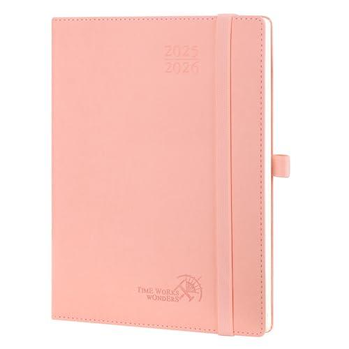 POPRUN Agenda 2025 2026 Settimanale Verticale 22 x 16,5 cm, Diario Scuola 17 Mesi da Ago.2025 a Dic.2026, Portapenne Autoadesivo, Copertina Morbida in Pelle Vegana e Carta Spessa da 80 GSM, Rosa