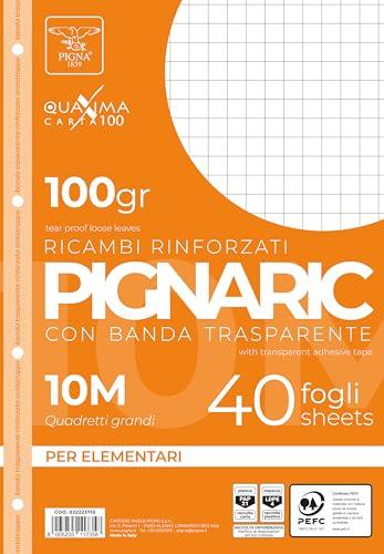 Pigna 022223710, Ricambio con Banda Rinforzata, Rigatura 10, quadretti 1 cm per 1° elementare, Carta 100g/mq, Pacco da 40 Fogli