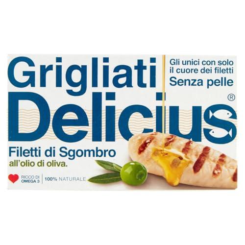 Delicius Scatola Filetti di Sgombro Grigliato o/oliva 90g, Lavorati a Mano, Pesce Azzurro, Ricco di Omega 3