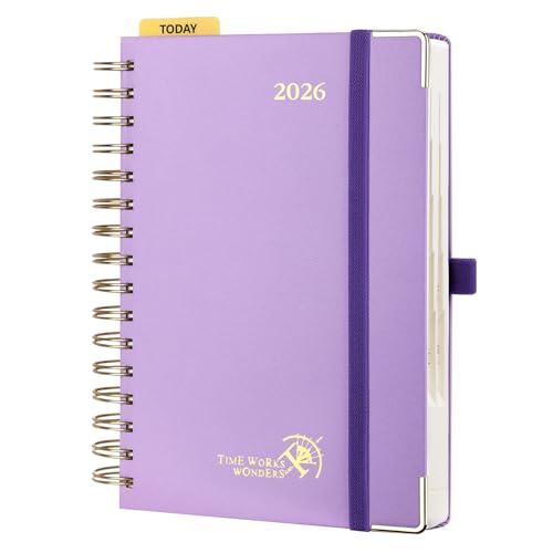 POPRUN Agenda 2026 Giornaliera Spirale 21,5 x 14,5 cm, Copertina Rigida, 1 Giorno 1 Pagina con Righello in Plastica e Angoli a Strappo, Carta Spessa da 80 GSM, Viola Chiaro