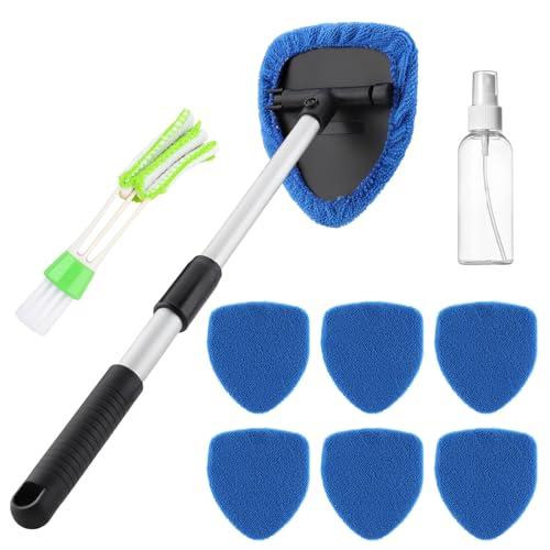 Zosenyer Detergente per Parabrezza Auto, con 6 Cuscinetti Riutilizzabili e Lavabili e Flacone Spray, Spazzola Doppia Testa, 180° Maniglia Girevole,Pulitore Vetri Auto (Blu)