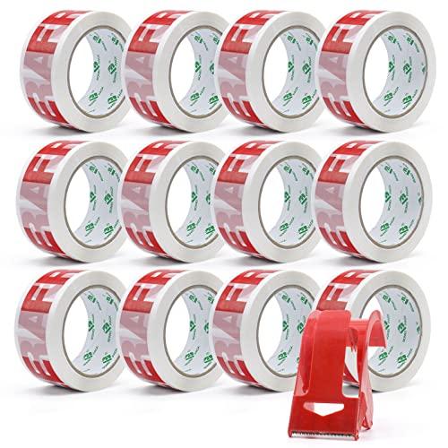 BOMEI PACK Nastro adesivo da imballaggio stampato fragile, nastro adesivo da imballaggio con dispenser per pacchi 48 mm x 66 m, 12rotoli
