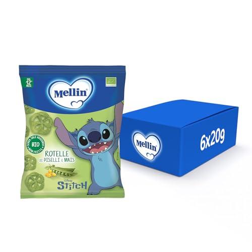 Mellin - Rotelle di Piselli e Mais - Snack Biologico per Bambini dal 12° Mese Compiuto - 6 Confezioni da 20 grammi (Totale 120gr)