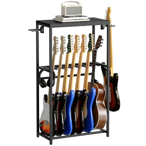 MAHANCRIS Supporto Porta Chitarre a 2 Livelli per 7 Strumenti, Chitarre Acustica, Elettrica, Bass, Ukulele, Banjo. con Ripiano per Accessori, Protezione in EVA, Nero AGSHB6701