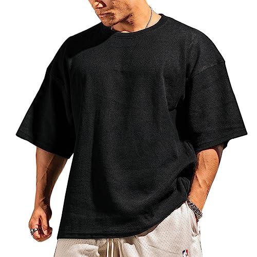 Muscle Alive Uomo Basic Magliette a Maniche Corte Cialda Felpa Perdere Peso Allenamento Maglione Maglia Girocollo Nero M