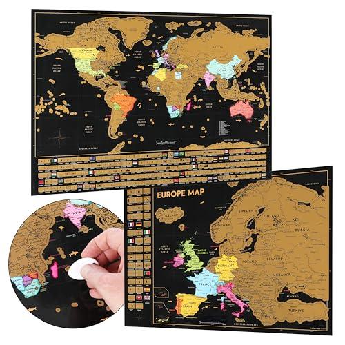 Mappa del mondo da grattare con mappa dell'Europa - mappa come poster da parete da appuntare - regalo per viaggiatori e vacanzieri - Mappa da grattare 61 x 43 cm