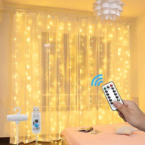 Luci per Tende a LED - 3x3m 300 LED Catene Luminose con Telecomando 8 Modalità Impermeabile LED Tenda Luminosa, Lucine Decorative per Esterno/Interni Camera da Letto Natale