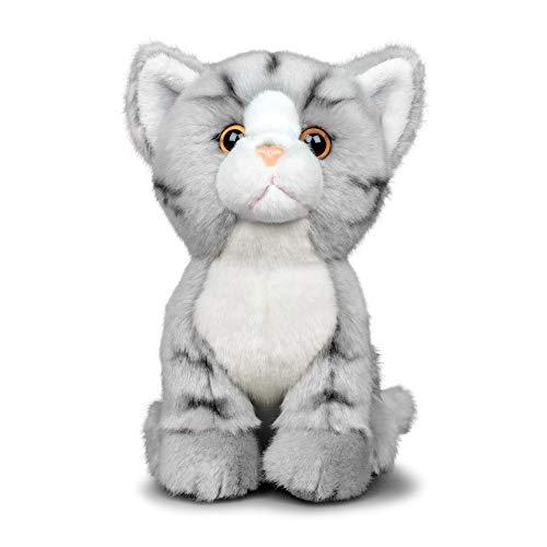 Animigos Peluche gatto grigio tabby, peluche dal design realistico, morbido e morbido, circa 19 cm