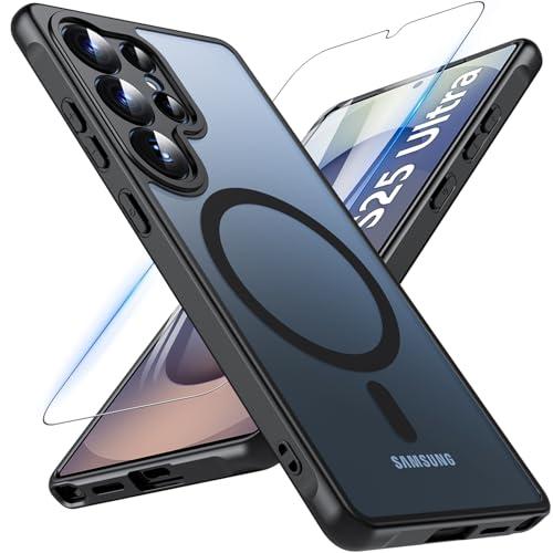 Hensinple Magnetica Cover per Samsung Galaxy S25 Ultra con Vetro Temperato, Compatibile con MagSafe, Custodia Samsung S25 Ultra Antiurto Traslucida Opaca Posteriore Sottile Resistente ai Graffi, Nero