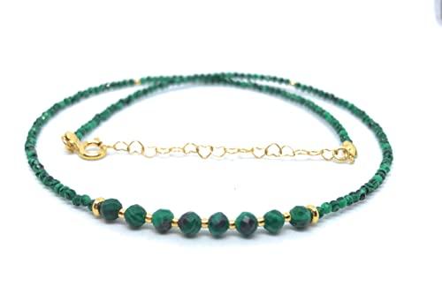 Collana in pietra naturale malachite Argento sterling placcato oro 24K lunghezza 40 cm espandibile a 45 cm