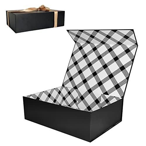 Tekhoho Scatola Regalo Nera Grande 33x23,7x10 cm, Scatola Regalo Premium con Coperchio Magnetico e Nastro per Confezioni Regalo di Matrimonio e Compleanno, Fodera Plaid