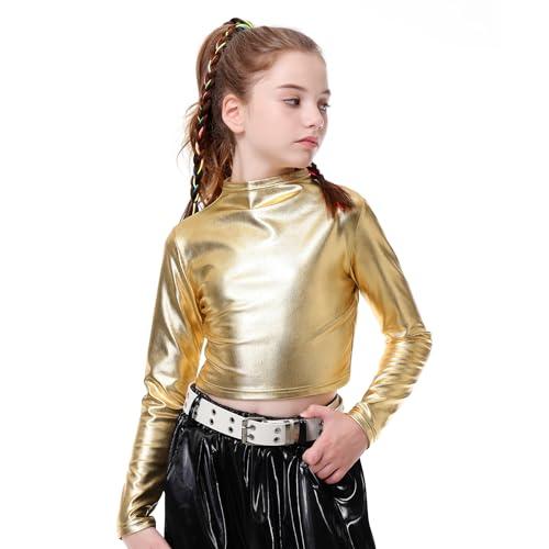 LOLANTA Top Corto Metallizzato da Bambina, Mezza Dolcevita, Maglia da Ballo Scintillante e Scintillante per Hip Hop, Disco, palco e Feste, Oro, 6-7 Anni, 130