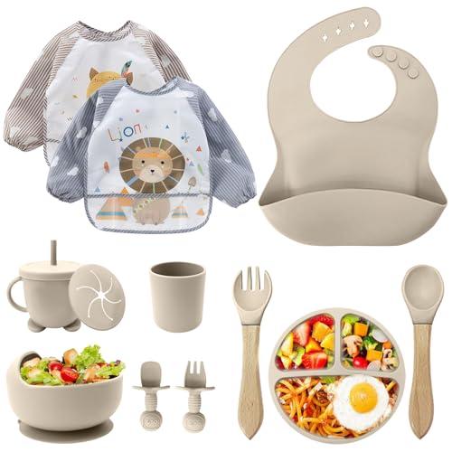 CUBTEM Set Pappa Svezzamento, Set di 12 Piatti per Bambini,Ventosa Ciotola e Cucchiaino per Neonati, Bavaglino in Silicone, Set di Posate per Bambini per Lo Svezzamento e L'Alimentazione