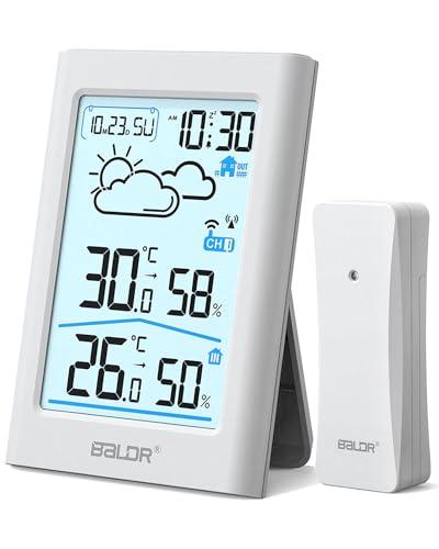BALDR Stazione meteo radio con sensore esterno, orologio radio DCF digitale per interni ed esterni, termometro igrometro con schermo LCD