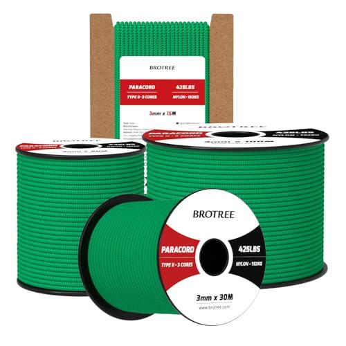 Brotree Paracord 3mm 15M Corda 100% Nylon Tipo II 3 Fili Corda Paracord 425 per Esterno, Artigianato, Fatto a Mano - 192 kg Carico di Rottura (Verde Giada)