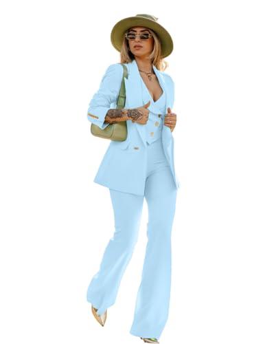 Generico Tailleur Donna Giacca Top Cropped Pantalone Zampa Casual Elegante Celeste/M/L