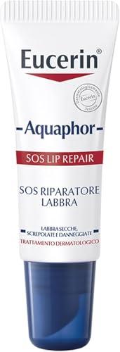 Eucerin Aquaphor SOS Riparatore Labbra 10 g, Balsamo labbra per cura e sollievo immediato in 60 secondi, Burrocacao per pelle secca, screpolata e danneggiata ad azione rapida