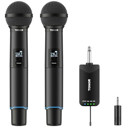 TONOR Microfono Wireless Professionale, Sistema Microfono Ricaricabile Bluetooth, Microfono Dinamico in Metallo UHF 2x25 per Karaoke, Chiesa, Canto, Matrimonio, Riunione, Mute con Clic, 328ft, TW720
