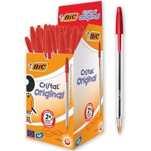 BIC Cristal Original, Penne Rosse a Sfera, Punta Media, 1 mm, Confezione 50 Penne, Fornitura per Cancelleria Scuola e Ufficio