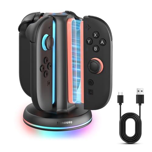 TRANSNOVO Caricatore 4 in 1 Compatibile con Nintendo Switch 2, Stazione di Ricarica a 4 Porte con Indicatori LED, 9 Modalità di Luce RGB Gaming, Ricarica Simultanea per 1-4 Joycons