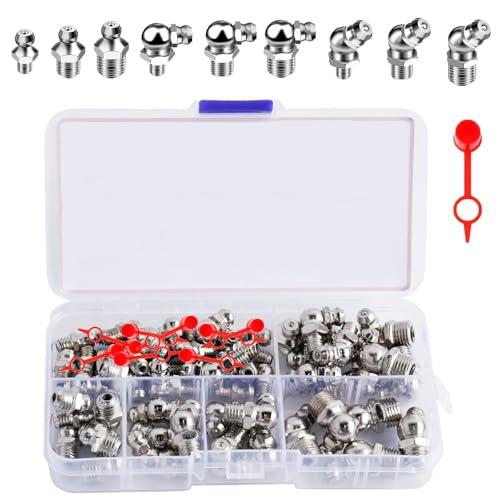 YUNXCNA Set di Ingrassatori, M6 M8 M10 Grasso Raccordo Assortimento, 60 Pezzi Ingrassatori Testine, Raccordo per Ingrassatore in Metallo in Dritto e Angolato 45° 90°, 10 Pezzi Tappo per ingrassaggio