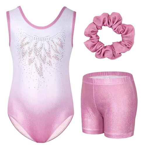 Gogokids - Set da ginnastica a tre pezzi per ragazze, body senza maniche con pantaloncini e fascia, vestito da ginnastica con design a colori scintillanti sfumati, età 3-12 anni, 110(100-110 cm,5-6Y)