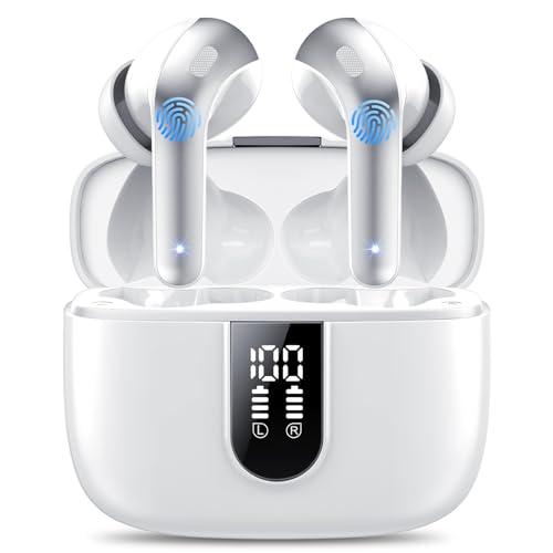 Cuffie Bluetooth, 2024 Auricolari Bluetooth 5.3 Stereo HiFi con 4 HD Mic, Cuffie Wireless In Ear ENC Cancellazione Rumore, Cuffie Senza Fili con LED Display 50 Ore, IP7 Impermeabile, Bianco