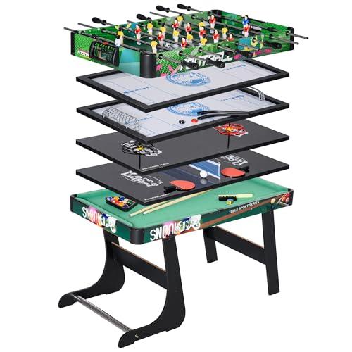 HOMCOM Tavolo Multigioco 6 in 1 Pieghevole, Tavolo da Gioco Multifunzione con Calcio Balilla, Biliardo, Hockey, Ping Pong, Anelli e Ice Hockey per Adulti e Bambini, per Casa Scuola, 118x104x71 cm