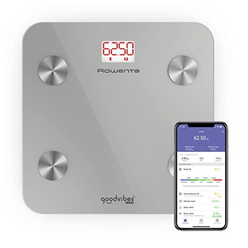 Rowenta BR9600 Goodvibes Life + Bilancia Pesapersone, Bilancia Digitale Intelligiente, App connessa, 10 Misurazioni Corporee tra cui IMC, BMR, Massa Grassa, Muscolare e Ossea, Argento