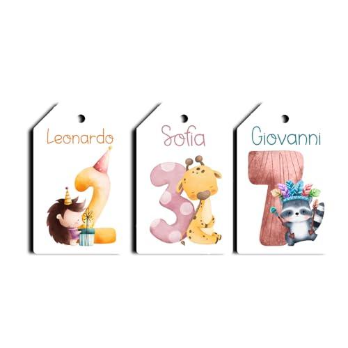 12 cartellini tag bigliettini per compleanno bambini 1-9 anni personalizzati con nomi stampati numero anni stile dei numeri a scelta animali per bomboniere ricordino regalo fine festa segnaposto
