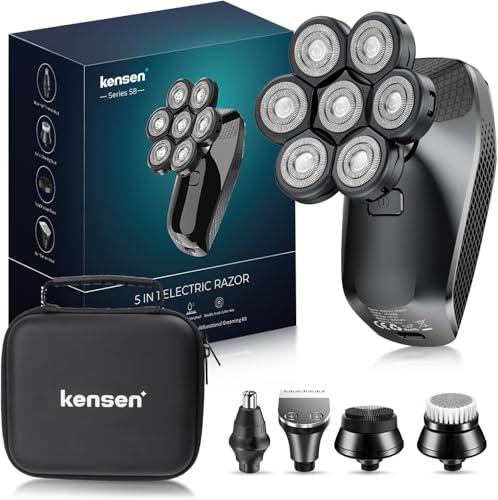 KENSEN Rasoio Elettrico Barba, Rasoio Testa Calva 7D, Tagliacapelli Uomo 6 in 1 Kit Impermeabile con 6 Testine Rotanti per Capelli Barba Naso Orecchie e Viso Pulito