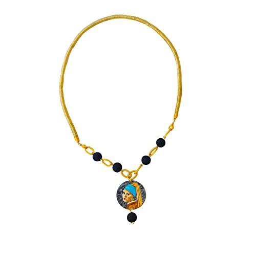 Collana pendente dipinta a mano -Ragazza con l’orecchino di perla di Vermeer - Collana con ciondolo dipinto a mano, Medaglia in legno dipinta a mano, Gioiello elegante in legno interamente dipinto